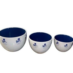 Set Of 3 WCL Snowman Ceramic Bowls With Blue Interior